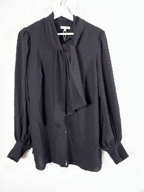 Max Studio Blouse Women's Black Swiss Dot Tie Neck Long Sleeve Button Up 1X New